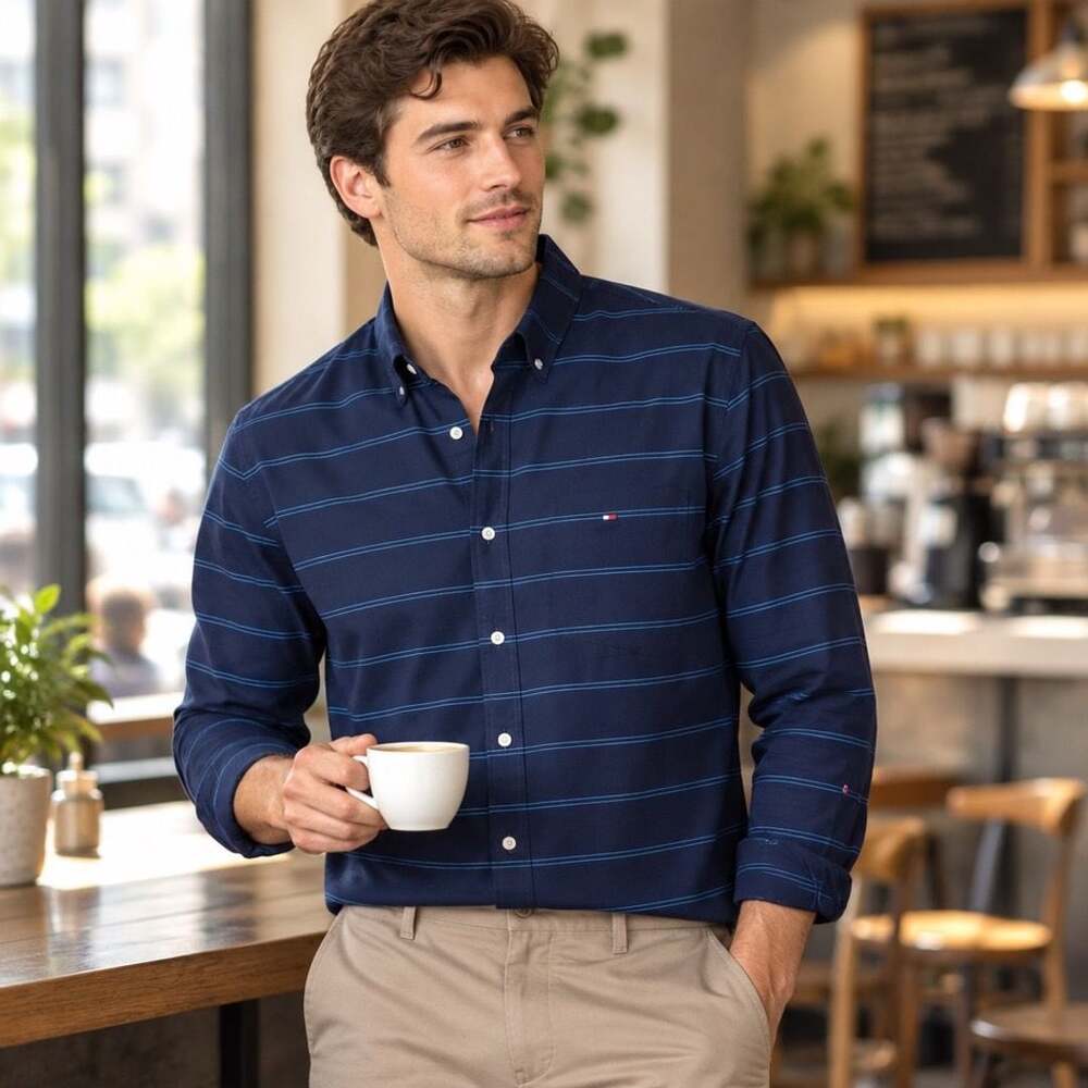 Tommy Hilfiger Striped Button-Up Shirt Size XL Blue 80s 2Ply